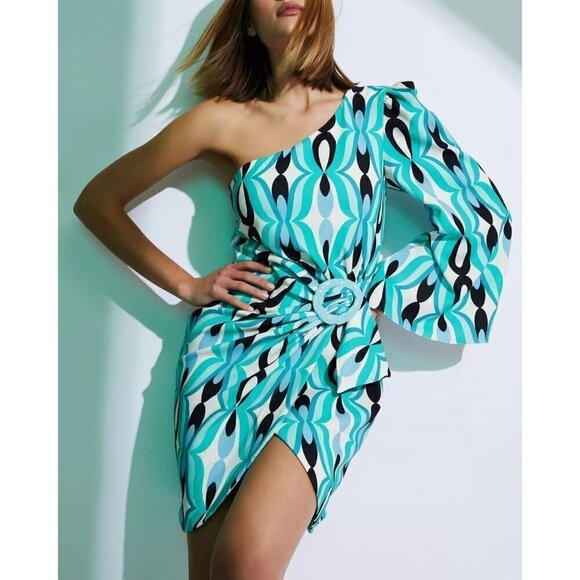 PatBO Twist One Shoulder Mini Dress in Piscene Blue 2 New Womens Cocktail - Picture 12 of 14